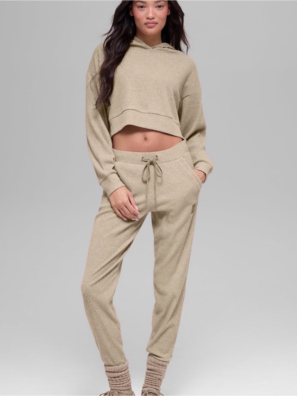 ๐ฅ ALO Muse Cozy Ribbed Drawstring Jogger Pants - Gravel